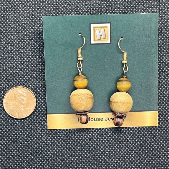 Tigers Eye and Wood Bead Earring Handmade - Picture 3 of 3